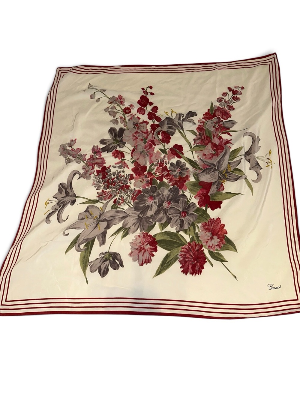 Vintage 1970s Gucci V Accornero Signed Floral Silk Scarf 33”